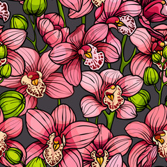 Pink orchids , seamless vector pattern. hand drawn illustration. Exotic tropical flowers 