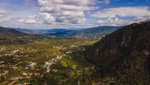 Aerial photo of the municipality of Almoloya de Alquisiras, the landscape, trees, mountains and the houses of the town are distinguished
