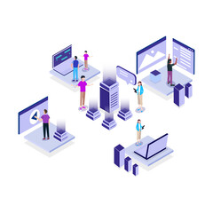 People work in a team and achieve the goal. Startup concept. Launch a new product on a market. Isometric vector illustration.