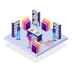 Obraz premium Personal library isometric concept with lots of books and bookshelves vector illustration