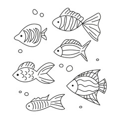 Vector black and white hand-drawn contour children`s set with different fish in the Scandinavian style on a white background. Children's coloring book with fish. Sea inhabitants.