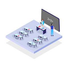 a school room for study, a classroom with desks and a school board, a modern class in isometric style vector illustration