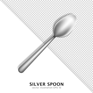 Realistic stainless steel spoon template. Silver tablespoon, teaspoon isolated on white and transparent background. 3d vector cutlery, tableware, flatware, utensil mock up with clipping path