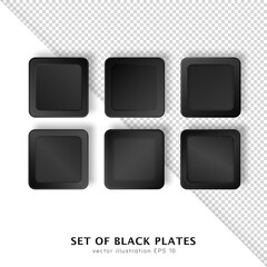 Set of six different realistic plates. 3d mock up of modern black square dishes, crockery, utensil. Template of empty cookware isolated on white and transparent background. 