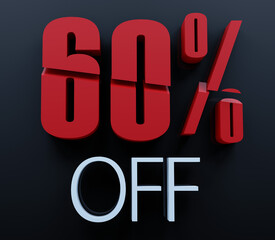 60% OFF. 3D slice numbers isolated. Discount Red off. Black background. Illustration 3d Render.