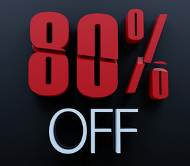 80% OFF. 3D slice numbers isolated. Discount Red off. Black background. Illustration 3d Render.