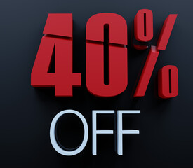 40% OFF. 3D slice numbers isolated. Discount Red off. Black background. Illustration 3d Render.
