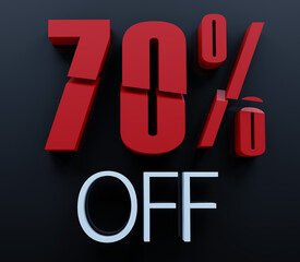 70% OFF. 3D slice numbers isolated. Discount Red off. Black background. Illustration 3d Render.