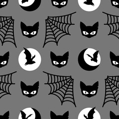 Gothic holiday endless pattern for printing on package, wrapper, envelopes, cards, clothes or accessories. Autumn seasonal wallpaper or cover. Halloween seamless pattern made up of cats, bats and web.