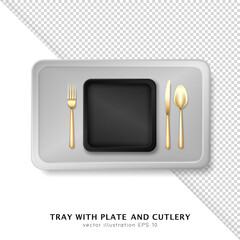 3d silver tray with black rectangle plate and golden cutlery. Realistic template of serving platter with dish, crockery, utensil and fork, spoon, knife. Top view of lunch salver for tableware 