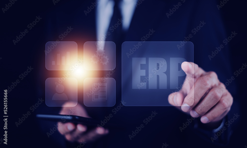 Aufkleber erp software for businessman erp enterprise resources planning system software business technology.