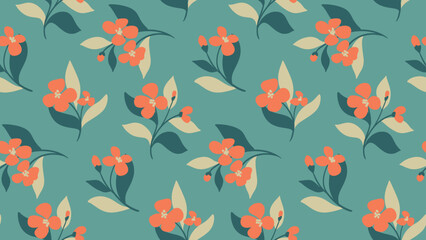 Seamless pattern, retro style floral print with flowering branches on a blue surface. Romantic botanical background with simple decorative plants, small flowers, leaves on twigs. Vector.