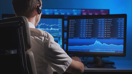 Broker works in office using workstation and analysis technology. Workplace of professional trader. Global financial markets, business strategy, currency exchange and banking.