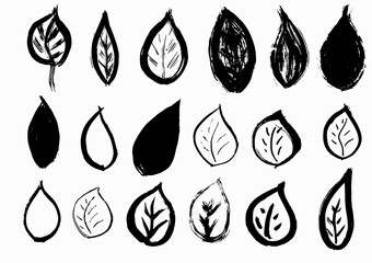 Grunge dry brush leaves set, free hand, vector, isolated