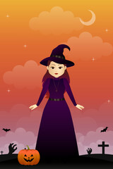 Witch illustration with Halloween themed backdrop. Card with witch, pumpkin, bat, moon and other gloomy elements.