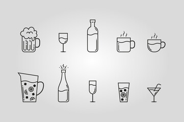 Drink icons illustration. Drawings of glasses, jugs, bottles and cups.