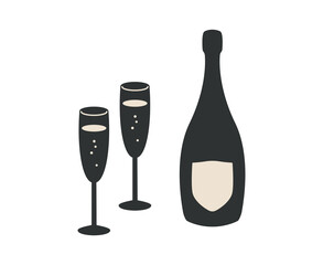 Sparkling wine bottle and glasses. Champagne vector. Party. Flute Champagne