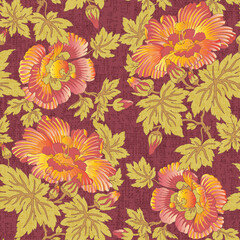 Seamless oriental floral pattern burgundy textured background