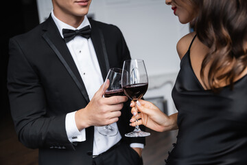 Cropped view of elegant couple toasting with wine at home