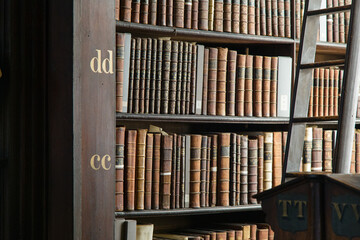 Detail view of old books on wooden shelves with natural light. Concept of academic knowledge