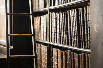 Concept of collecting knowledge. Detail view of large old books on wooden shelves in a library.