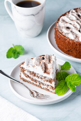 Perfect homemade tiramisu cake with fresh mint. Tiramisu portion on plate over light coloured background. Delicious no bake tiramisu ready-to-eat.