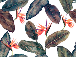 Watercolor painting bird of paradise with colorful leaves seamless pattern background.Watercolor hand drawn illustration tropical exotic leaf prints for wallpaper,textile Hawaii aloha jungle pattern. © nongnuch_l