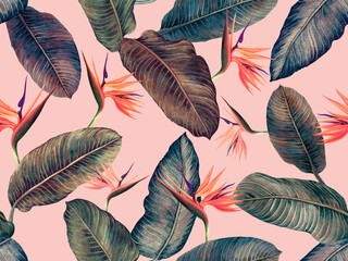 Watercolor painting bird of paradise with colorful leaves seamless pattern background.Watercolor hand drawn illustration tropical exotic leaf prints for wallpaper,textile Hawaii aloha jungle pattern.. - obrazy, fototapety, plakaty