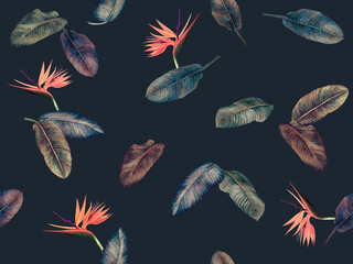 Watercolor painting colorful leaves seamless pattern background.Watercolor hand drawn illustration tropical exotic leaf prints for wallpaper,textile Hawaii aloha jungle pattern. © nongnuch_l
