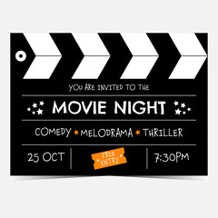 Fototapeta na wymiar Movie night invitation banner in the form of clapperboard. Vector illustration of poster for movie night party, cinema festival, cinematographic event suitable for promo, advertisement, social posts.
