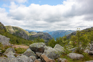 Rock Formations and Lysefjord landscape at Prekestolen (Preikestolen) in Rogaland in Norway (Norwegen, Norge or Noreg)