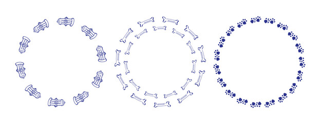 Cute round dog frames. Border with bone, paw, hydrant in doodle style. Design concept for pet poster, t-shirt, banner. Place for your text. Vector illustration for animal design.
