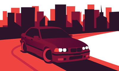picture of sedan car on the road with big city silhouette on background, flat style illustration