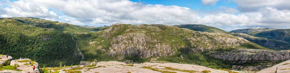 Fototapeta na wymiar Rock Formations and landscape at Prekestolen (Preikestolen) in Rogaland in Norway (Norwegen, Norge or Noreg)