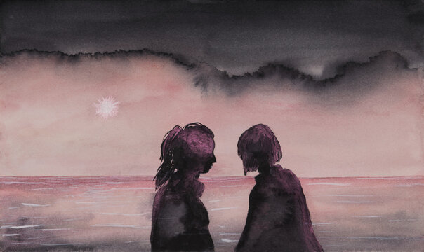 Illustration couple woman silhouette magic landscape pale pink