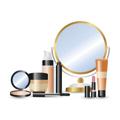 Cosmetic elements (vector mirror, toner, lipstick. mascara, cream, powder standing) near on the table