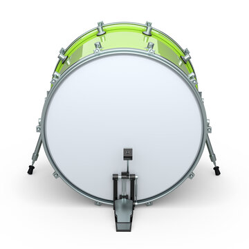 Realistic drum with pedal on white background. 3d render of musical instrument