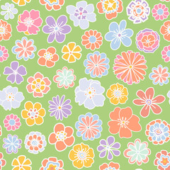 Retro spring floral heads seamless repeat pattern. Random placed, vector hand drawn blooming flowers all over surface print on lime green background.