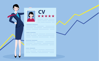 businesswoman holding a giant Curriculum Vitae or CV