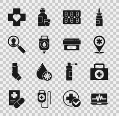 Set Laptop with cardiogram, First aid kit, Map pointer cross hospital, Pills blister pack, IV bag, Medical analysis, Heart and Ointment cream tube medicine icon. Vector