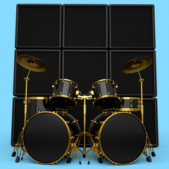 Set of realistic drums with metal cymbals or drumset and amplifier on blue