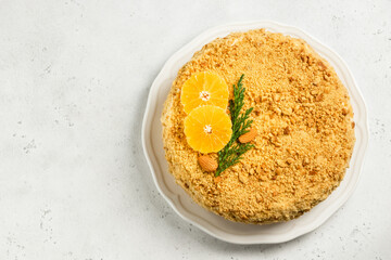 Honey cake on plate. Top view.