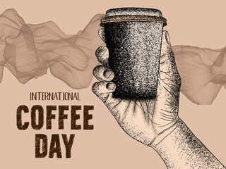 Hand drawn international coffee day with cup in hand stippling dot art