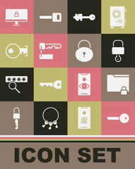 Set Key, Folder and lock, Lock key, Old, Marked, on computer monitor and icon. Vector