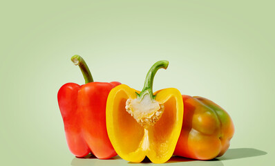 Red and yellow pepper on green pastel background