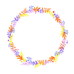 round frame made of stylized watercolor leaves and flowers on a white background.