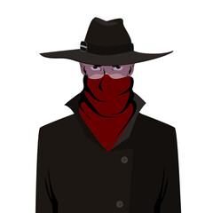 Portrait of a young man in the black trench coat and slouch hat hiding his face. Vector illustration