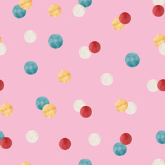 Watercolor confetti seamless pattern on pink background. Christmas background