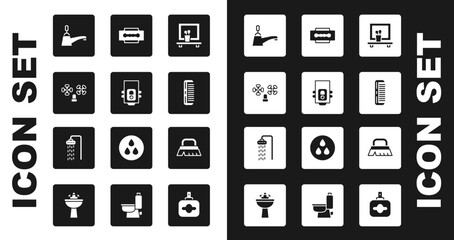 Set Washbasin mirror, Gas boiler, Water tap, Hairbrush, Blade razor, Brush for cleaning and Shower icon. Vector