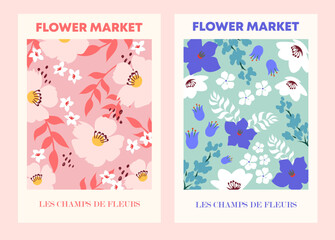 Floral illustration of tropical flowers. Flower market poster concept template perfect for postcards, wall art, banner etc.	